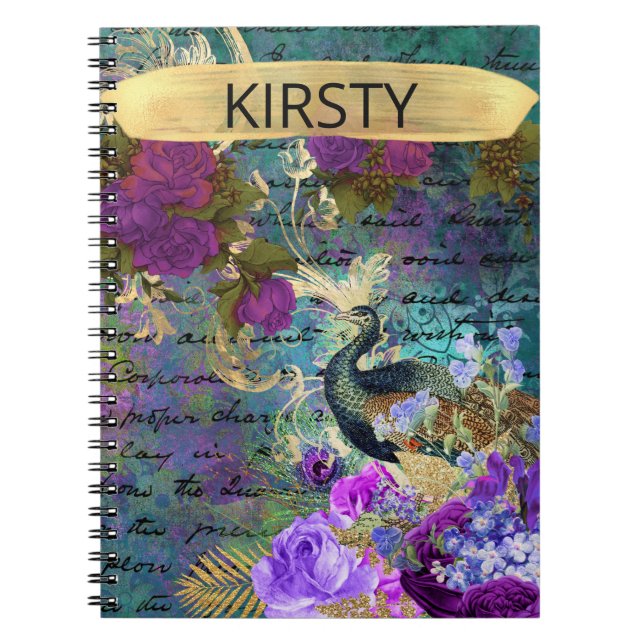 Carnet Paon et fleurs illustrés antiques grunge (Devant)