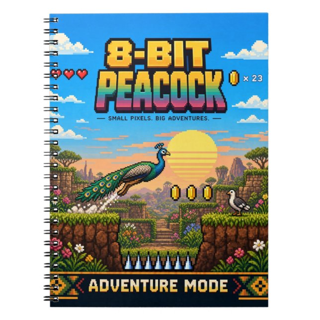 Carnet Paon, Pixel Art Rétro 8 Bits (Devant)