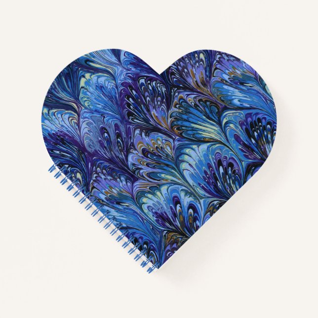 CARNET PAPIER MARBÉ, MOTIF ABSTRAIT BLEU PEACOCK, EAUX (Devant)