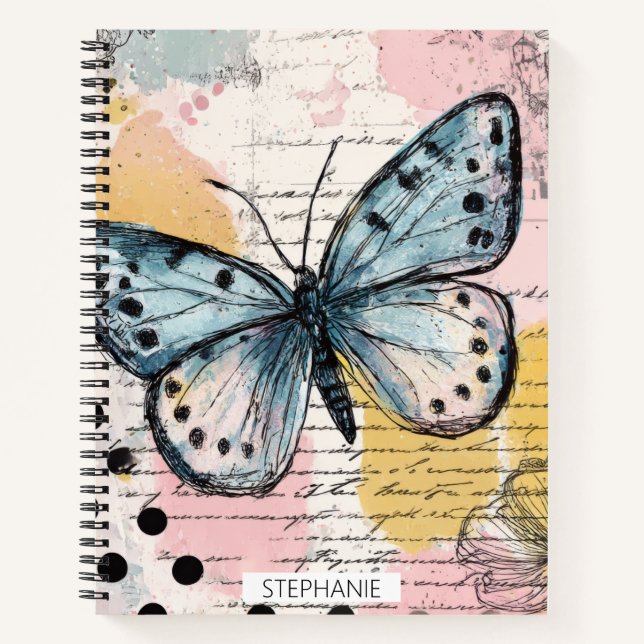 Carnet Papillon aquarelle bleu boho art de la nature (Devant)
