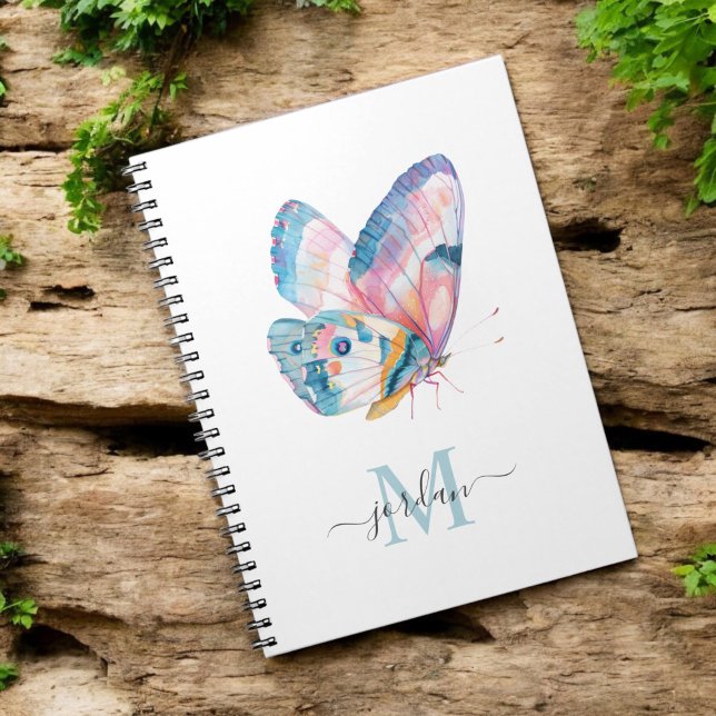 Carnet Papillon aquarelle coloré avec votre monogramme (Personalize with your name and monogram initial.)