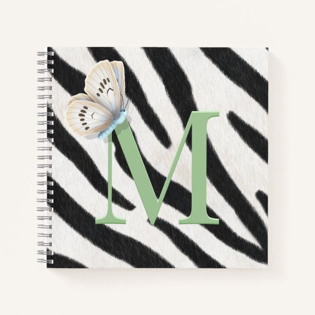Carnet Papillon bleu et fourrure zébrée Monogramme vert p (Devant)