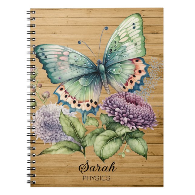 Carnet Papillon bleu vert Fleurs violettes Nom Sujet (Devant)