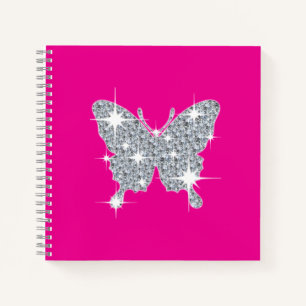 Carnet Papillon brillant en faux diamant sur rose chaud