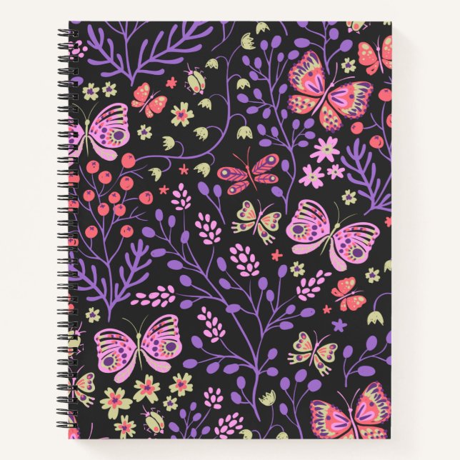 Carnet Papillon coloré et Fleurs Rose mignon (Devant)
