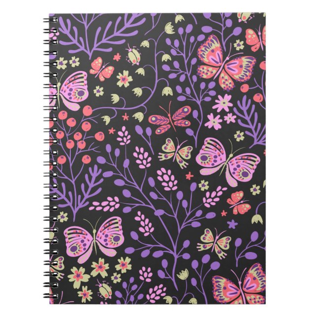 Carnet Papillon coloré et Fleurs Rose mignon (Devant)