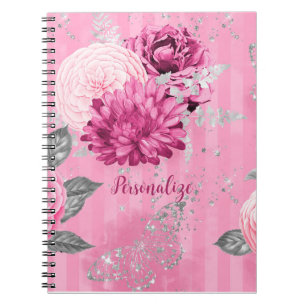 Carnet Papillon de Parties scintillant en argent Roses ro