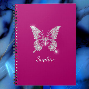Carnet Papillon Diamant Blanc, Nom du script, Fuchsia pro
