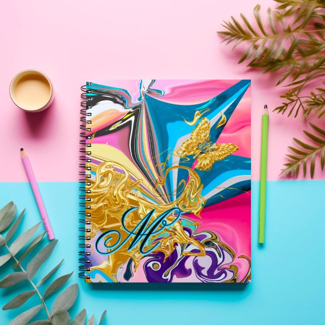 Carnet Papillon d'or Fleur Monogramme Liquide Abstrait (Créateur téléchargé)