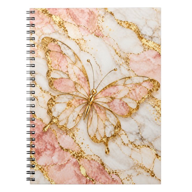 Carnet Papillon Doré Élégance Marbre Rose (Devant)