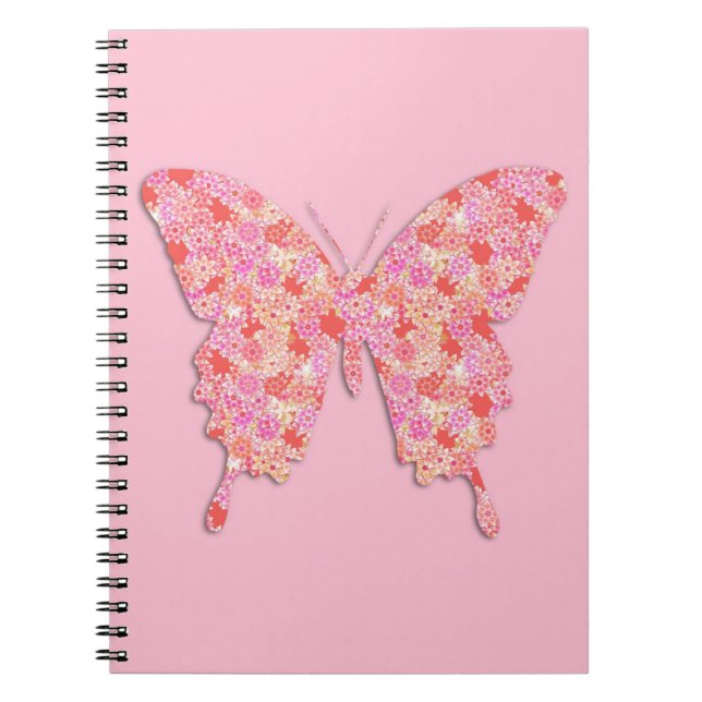 Carnet Papillon en motif de fleurs - rose, orange (Devant)