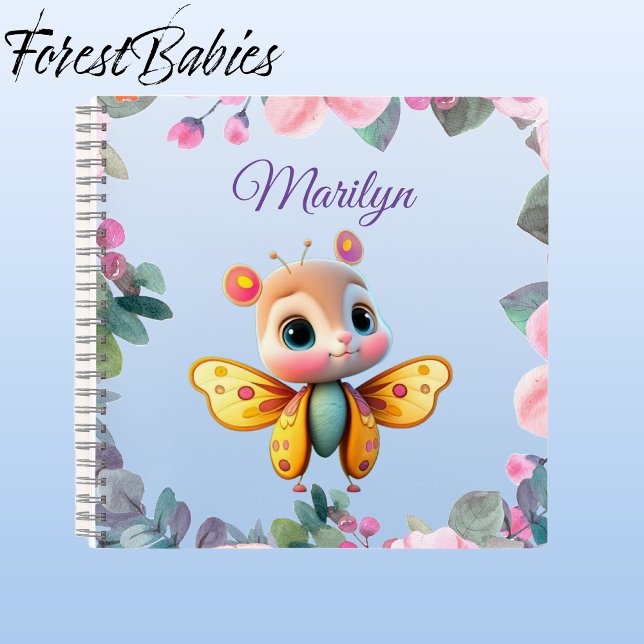 Carnet Papillon mignon unique avec fleurs roses (Butterfly Girl, Customizable Pink Floral ForestBabies Notebook - Front)