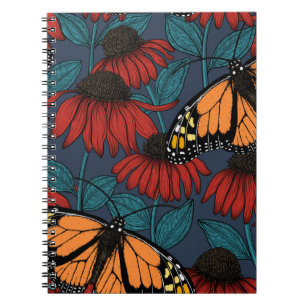Carnet Papillon monarque sur des fleurs rouges
