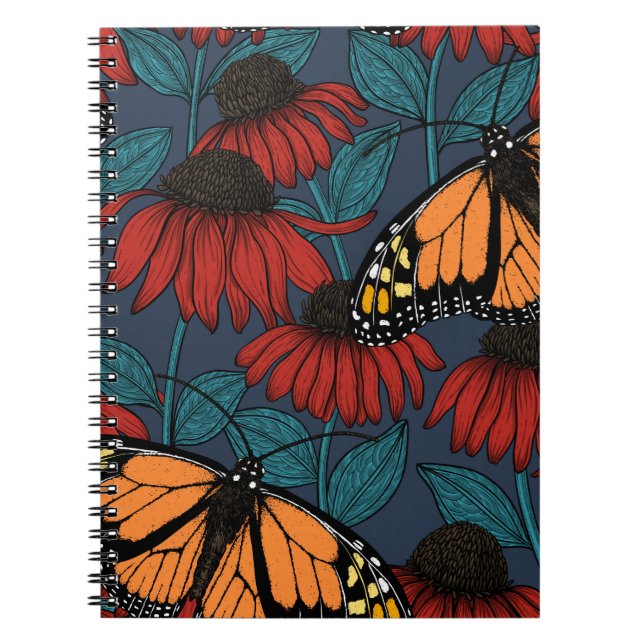 Carnet Papillon monarque sur des fleurs rouges (Devant)