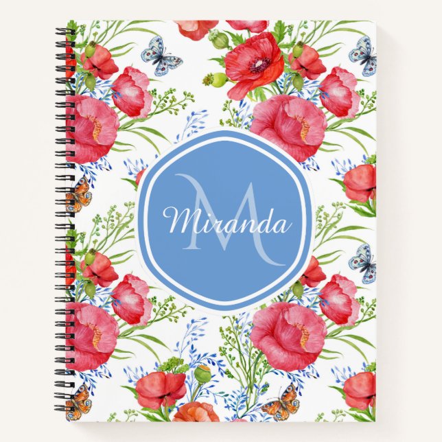 Carnet Papillon Monogramme Nom Coquelicot Rouge (Devant)