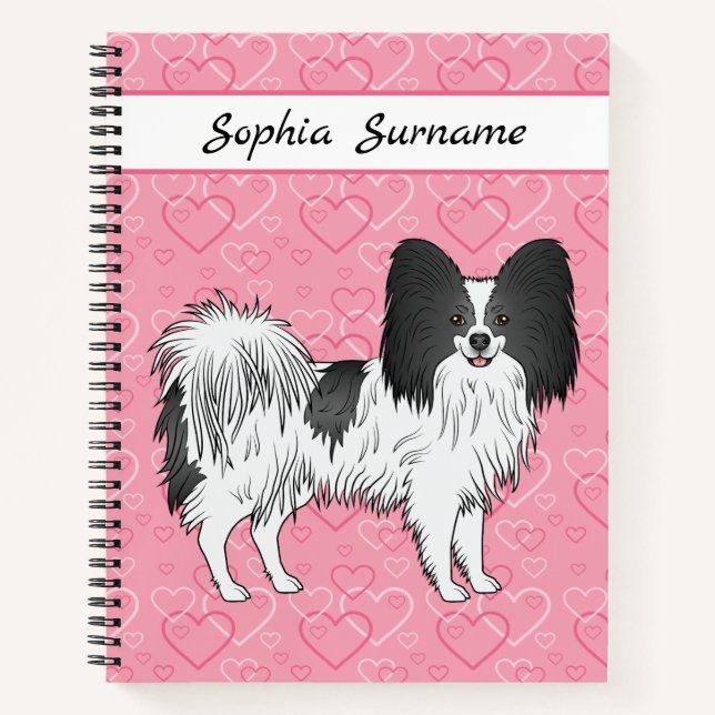Carnet Papillon noir et blanc Chien mignon sur des cœurs  (Devant)