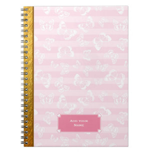 Carnet Papillon rayé rose et blanc avec nom personnalisé
