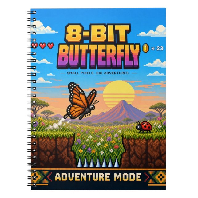 Carnet Papillon, Rétro Pixel Art 8-Bit (Devant)