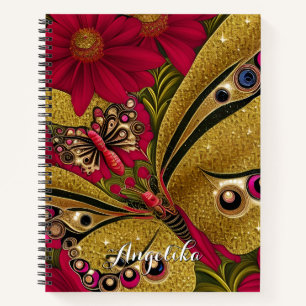 Carnet Papillon rouge et or de luxe Nom personnalisé