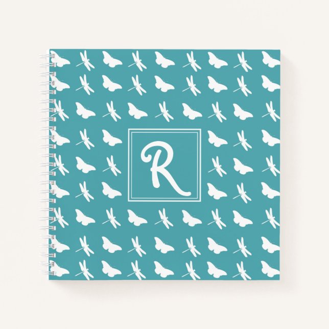 Carnet Papillon sarcelle et motif monogramme libellule (Devant)