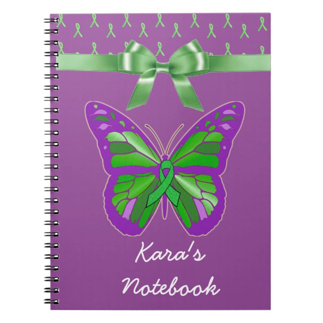 Carnet Papillon violet avec ruban vert Lyme (Devant)