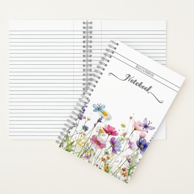 Carnet Papillons fleurs sauvages de prairie script de nom (À l'intérieur)