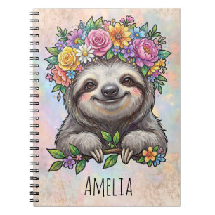 Carnet Paresseux floral mignon personnalisé avec couronne