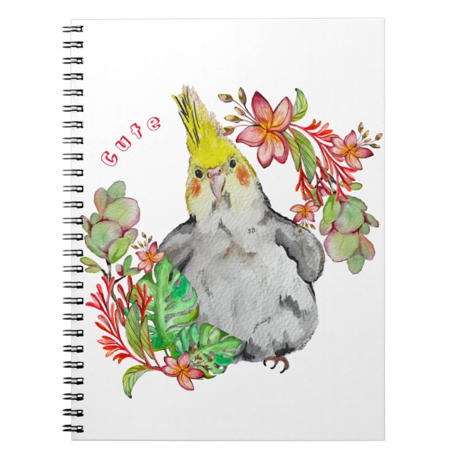 Carnet Parrot Corella mignonne dans les fleurs tropicales (Devant)