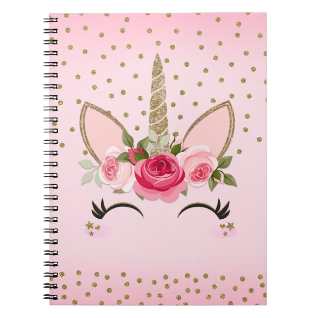Carnet Parties scintillant d'or et Unicorne florale rose  (Devant)