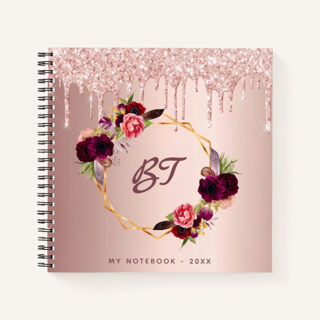 Carnet parties scintillant d'or rose bordeaux floral mono (Devant)
