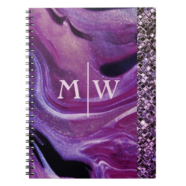 Carnet Parties scintillant en marbre violet monogramme él (Devant)