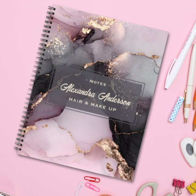Carnet Parties scintillant en or noir rose élégant Marbre (Stylish Pink Black Gold Glitter Agate Marble Notebook)