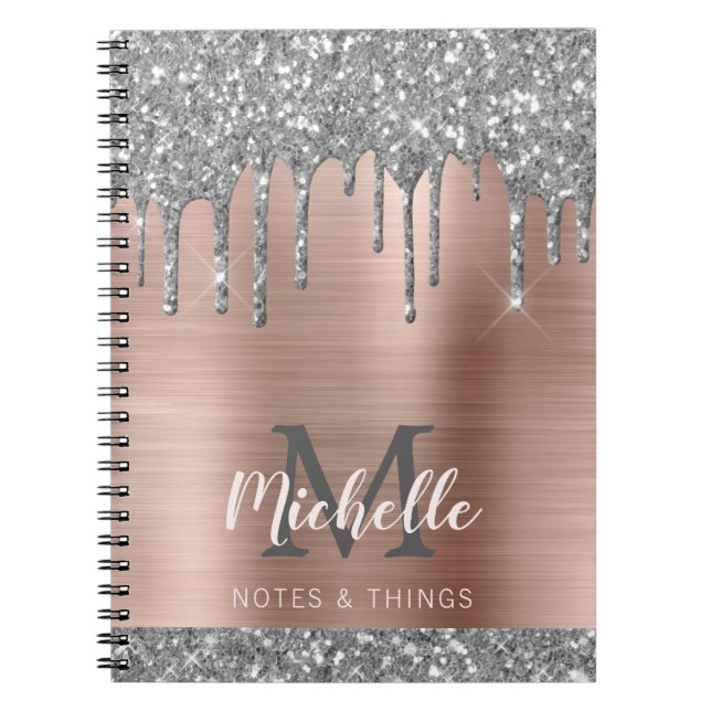 Carnet Parties scintillant gris argent monogramme gouttes (Devant)
