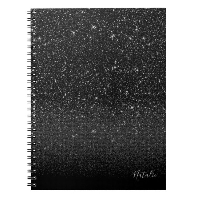 Carnet Parties scintillant moderne Black Sparkle avec nom (Devant)