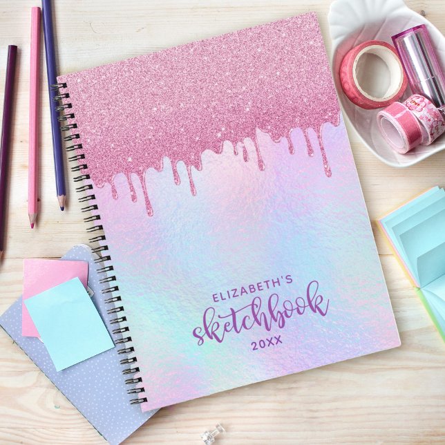 Carnet Parties scintillant rose gouttes Holographique Uni (Pink dripping glitter holographic sketchbook. Personalize it with your name.)