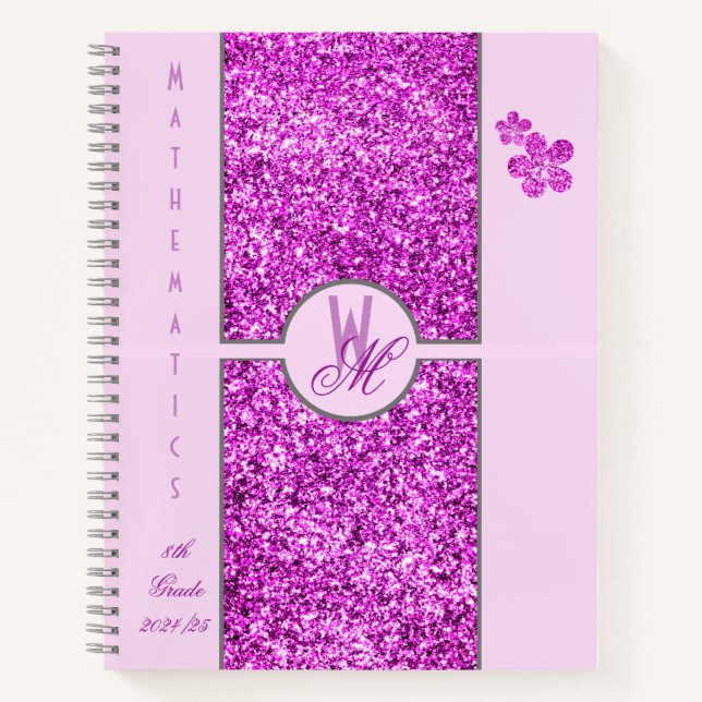 Carnet Parties scintillant rose Monogramme avec Fleurs (Devant)