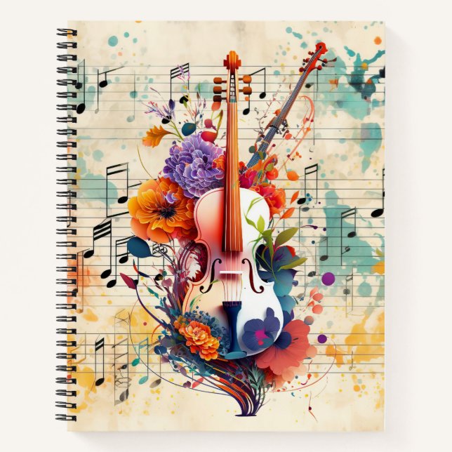 Carnet Partition de violon à éclaboussures d'aquarelle  (Devant)