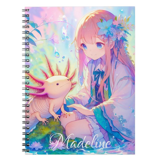 Carnet Pastel Anime Girl et un Axolotl Personnalisé (Devant)