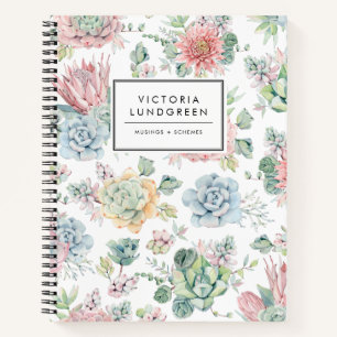 Carnet Pastel Aquarelle Echievera Succulents Motif