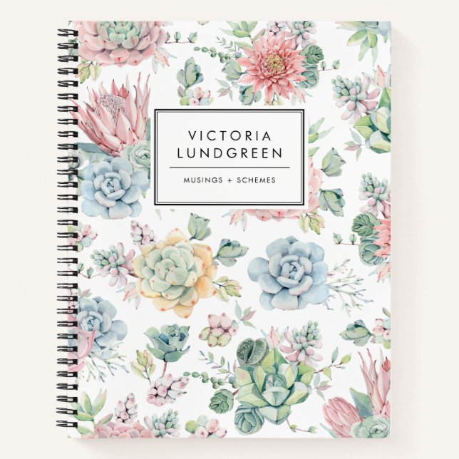 Carnet Pastel Aquarelle Echievera Succulents Motif (Devant)