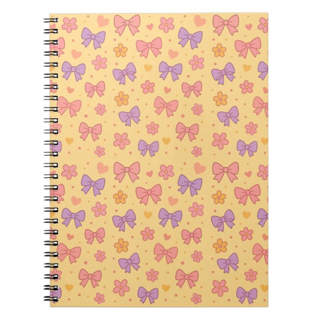 Carnet Pastel Bows & Flowers Pattern – Cute Yellow Girly (Devant)