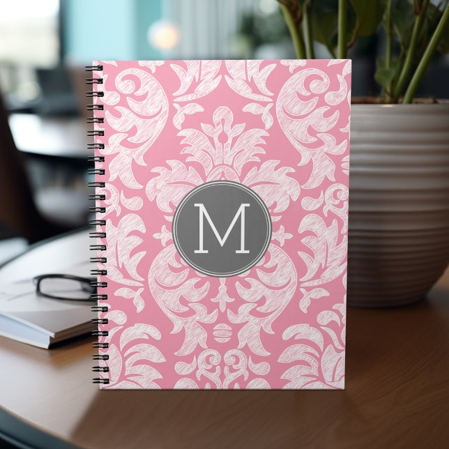 Carnet Pastel Pink & Gray Damask Pattern Custom Monogram (Personalized notebook - add monogram and custom text)
