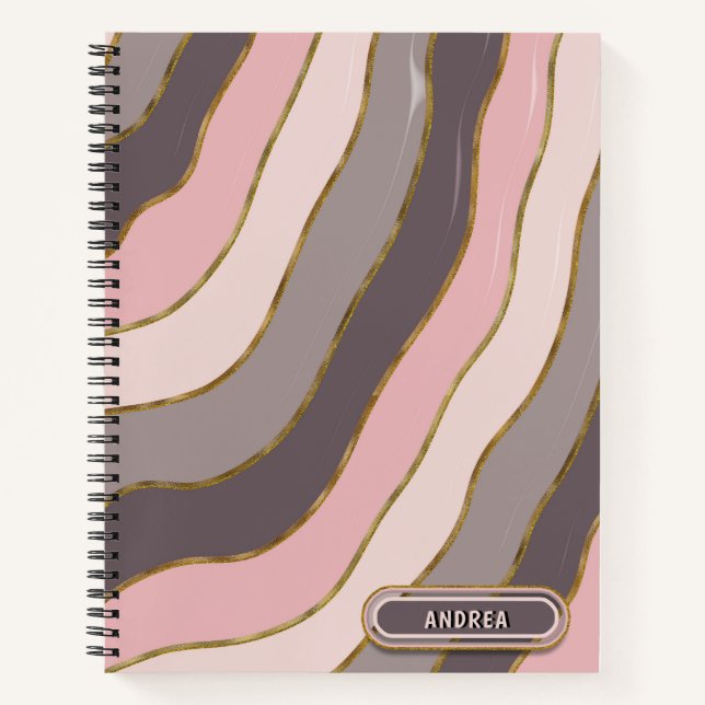 Carnet Pastel Rose Grey Chic Or Super Vagues rayées (Devant)