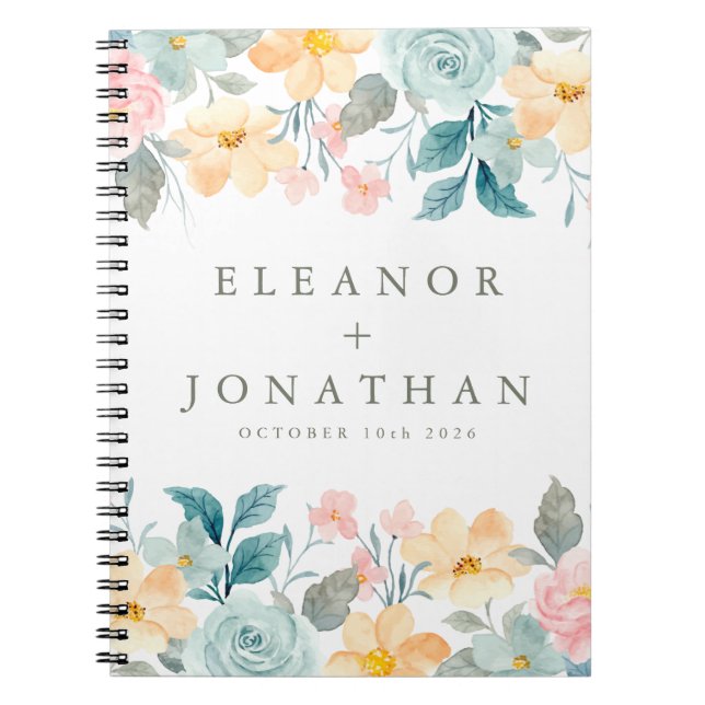 Carnet Pastel Turquoise rose Aquarelle Floral Personnalis (Devant)