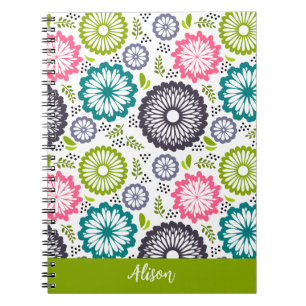 Carnet Pastel vert rose turquoise fleurs Vintage Nom Flor