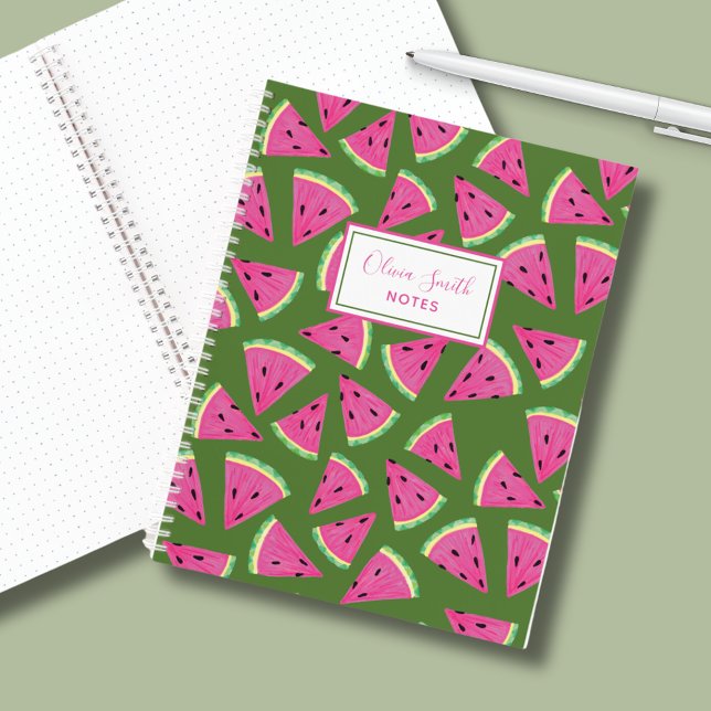 Carnet pastèque (Green and pink tropical fruit watermelon notebook.  Customize with your own name and choice of text.)