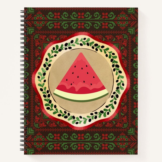 Carnet pastèque sur plaque d'olive avec tatreez palestini (Devant)