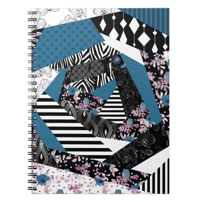 Carnet patchwork bleu, populaire, patchwork, folle, rusti (Devant)