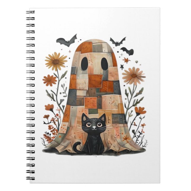 Carnet Patchwork Halloween Fantôme et chat, Retro Éffraya (Devant)