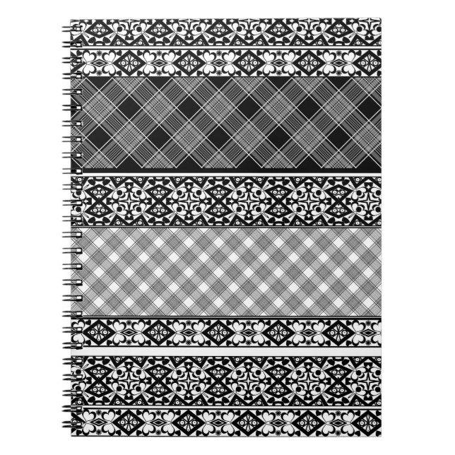 Carnet Patchwork rayé noir et blanc avec dentelle (Devant)